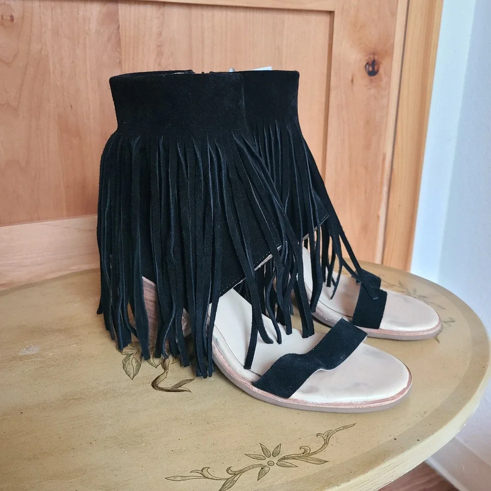 Koolaburra UGG Piaz II US‎ 11 Black Suede Fringe Heel Sandals Boho Festival